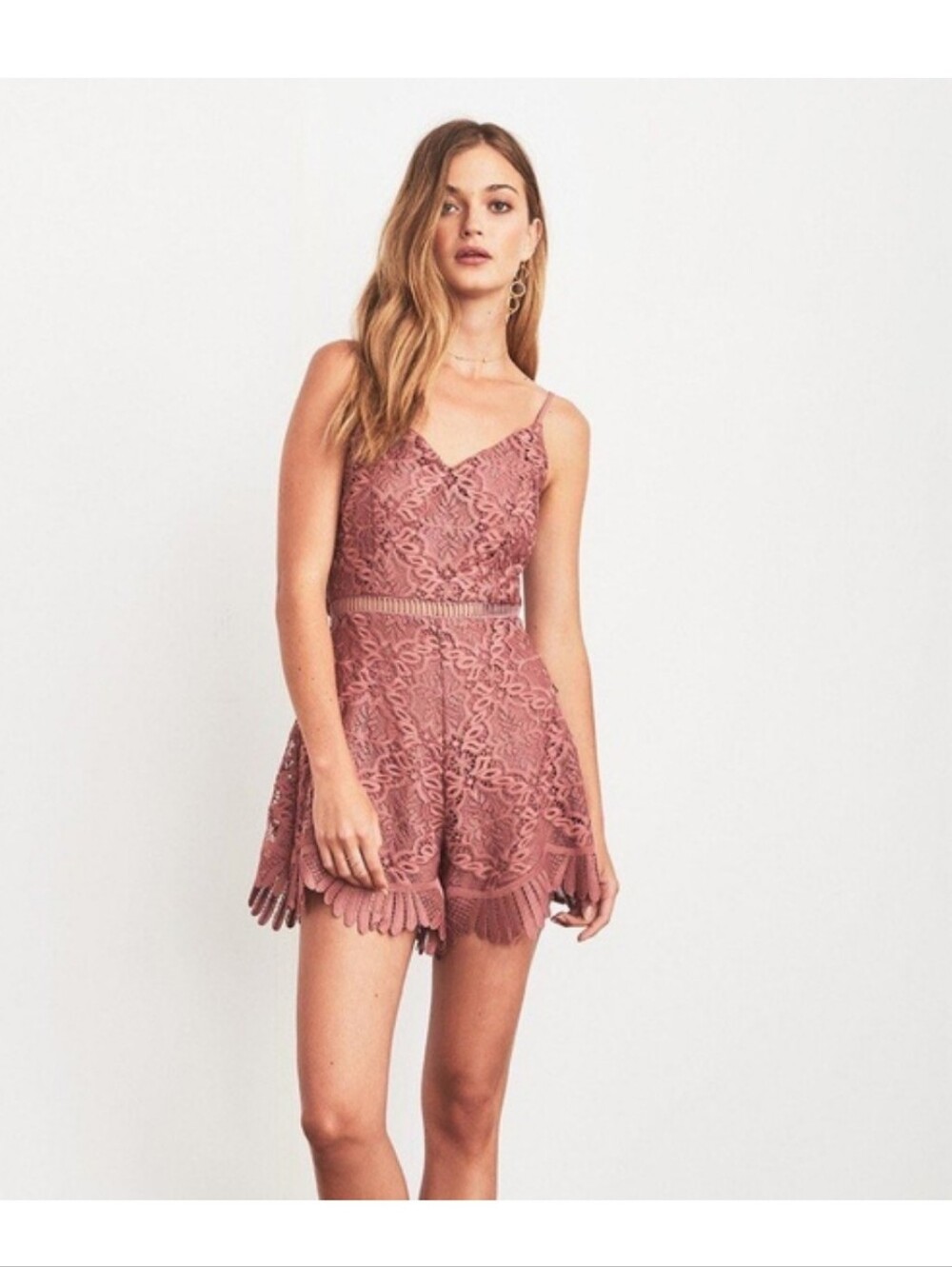 Lovers And Friends Crocheted Lace Spaghetti Strap Romper in Dusty Rose